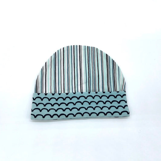 Baby Beanie in stripes and scallop fabric